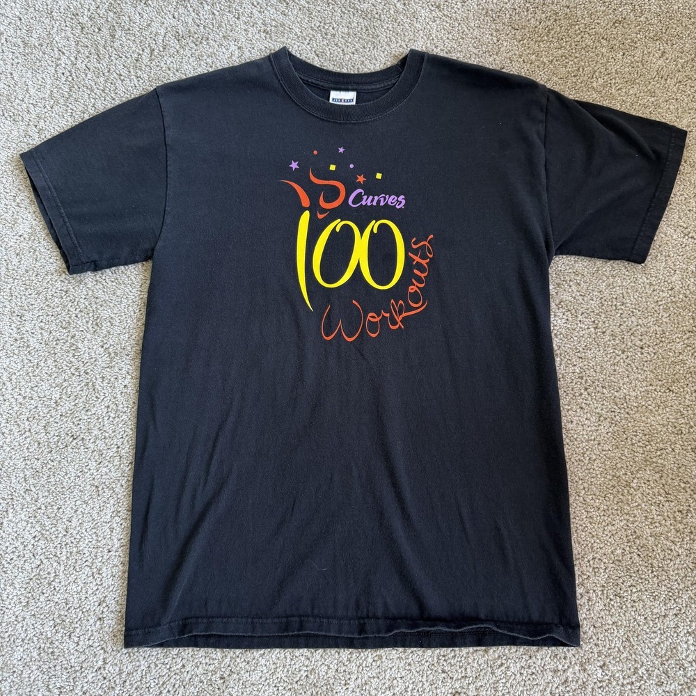 Curves 100 Workouts Shirt Mens Medium Black Fitness Gym Tee T-Shirt Jerzees